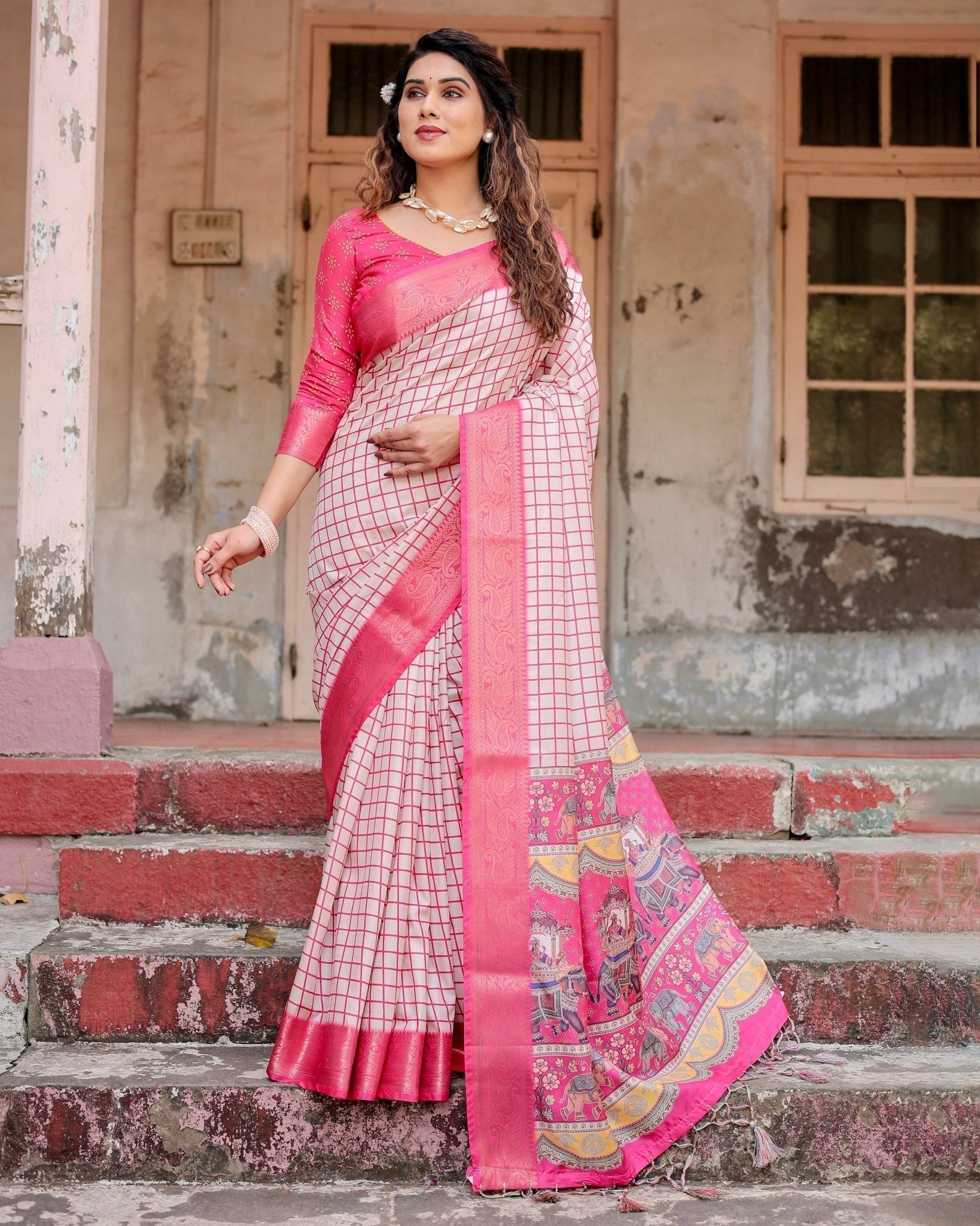 Pink and Ivory Tussar Silk Saree with Golden Zari Border and Majestic Elephant Motif Pallu Secondary image