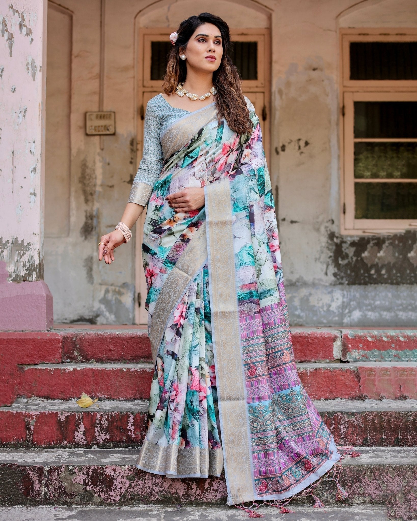 Graceful Floral Digital Print Saree with Gold Paisley Border and Multicolor Pallu Secondary image