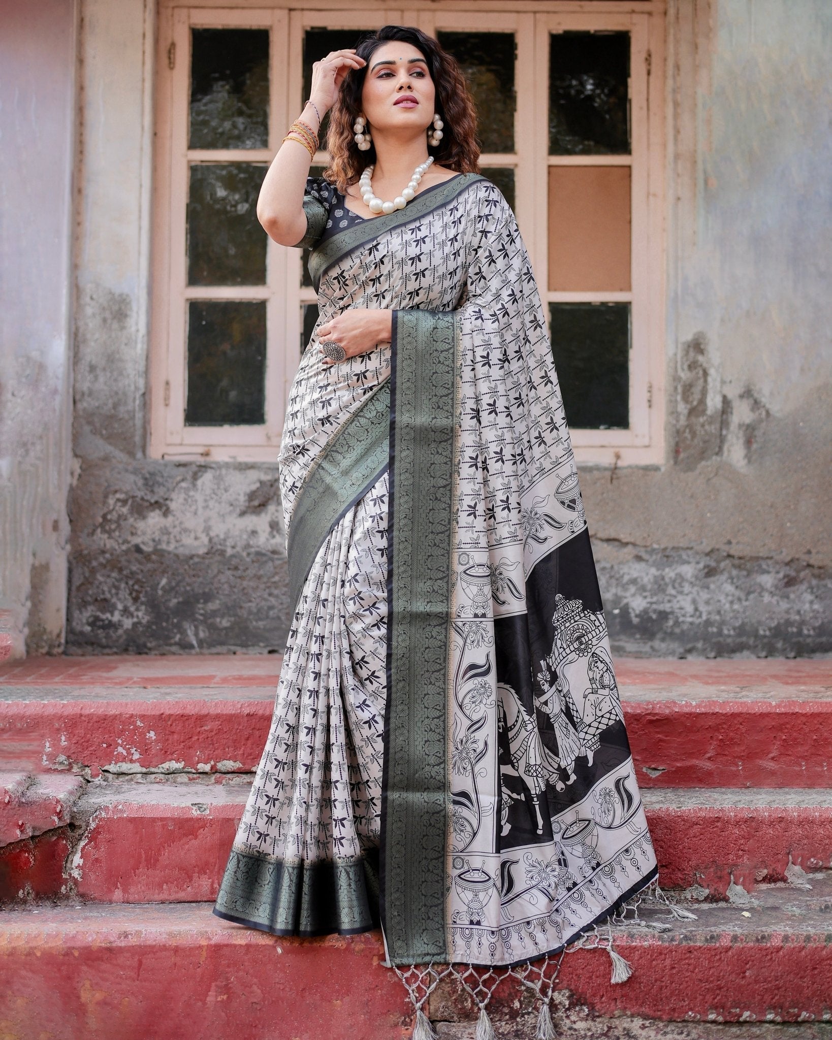 Monochrome White and Black Tussar Silk Saree with Tribal Art Motifs and Zari Border Secondary image
