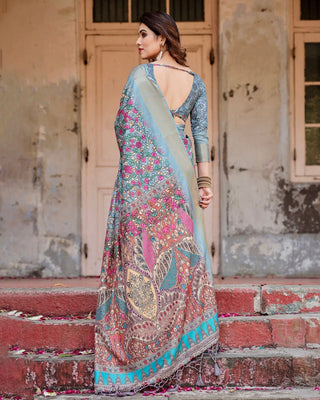 Sky Blue Tussar Silk Saree with Floral Weaves and Ornamental Pallu Design DIGITAL PRINT