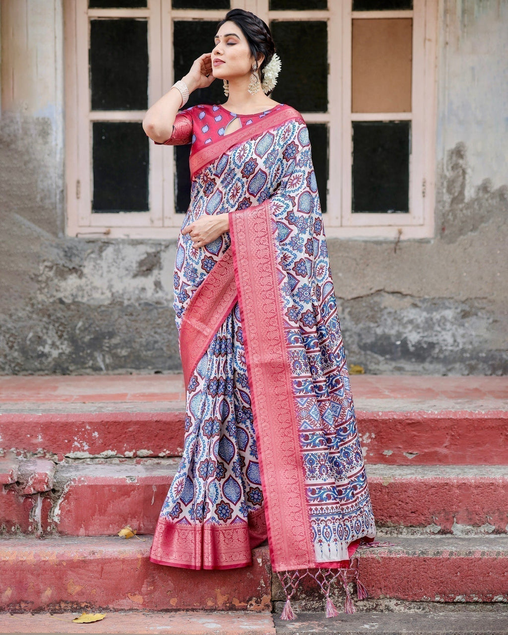 White and Red Tussar Silk Saree with Vibrant Floral Geometric Motifs and Ornamental Zari Border DIGITAL PRINT