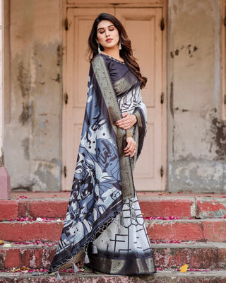 Monochrome Abstract Tussar Silk Saree with Charcoal Gray Zari Border DIGITAL PRINT
