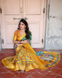 Load image into Gallery viewer, Golden Yellow Tussar Silk Saree with Vibrant Peacock Kalamkari Motifs DIGITAL PRINT