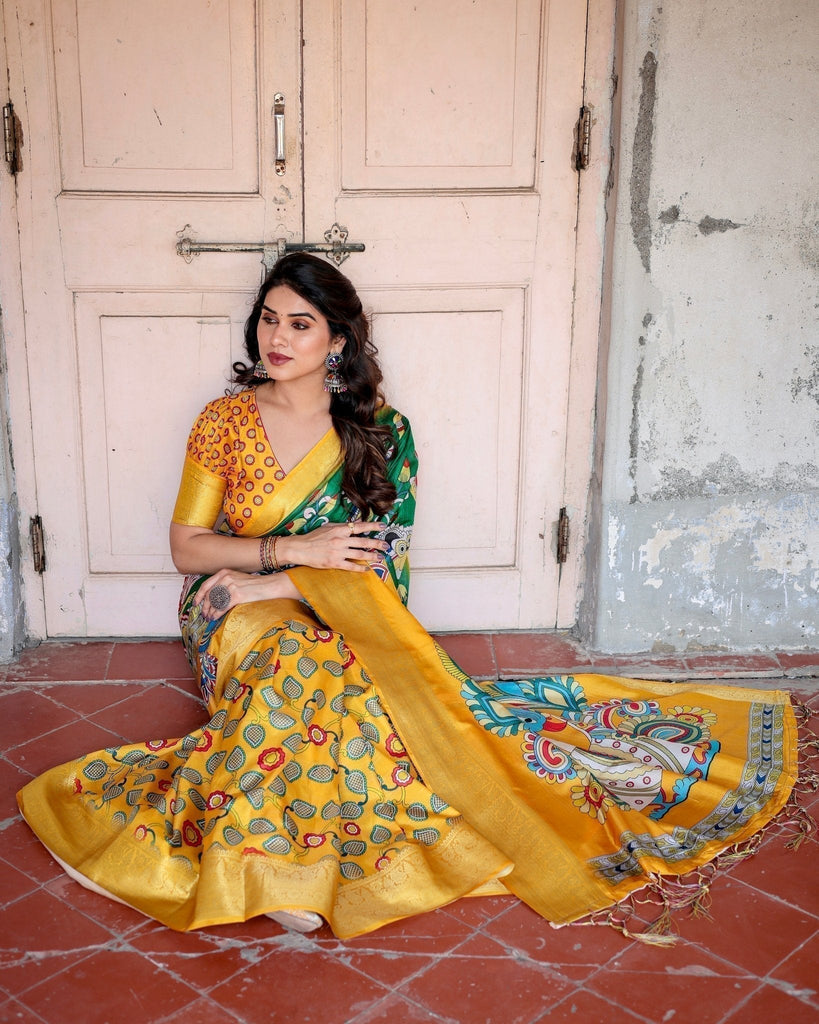 Golden Yellow Tussar Silk Saree with Vibrant Peacock Kalamkari Motifs DIGITAL PRINT