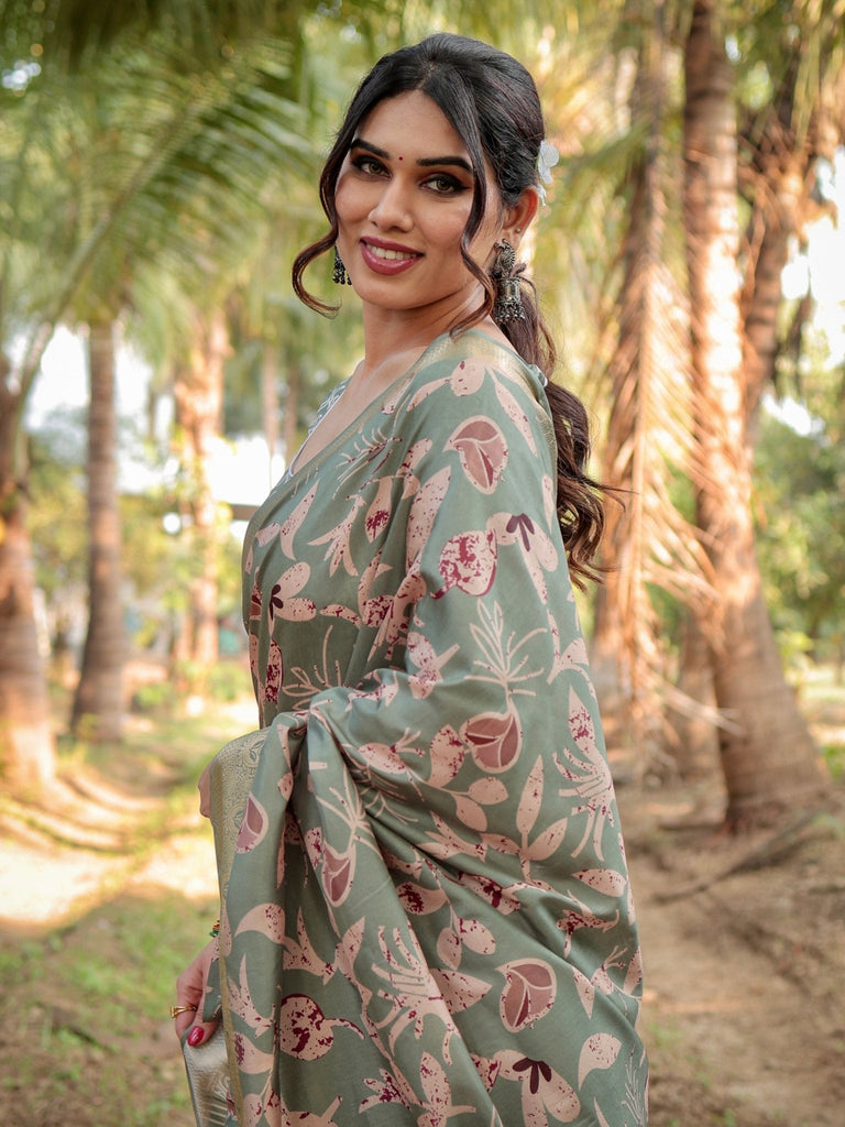 Graceful Olive Green Tussar Silk Saree with Intricate Beige and Maroon Botanical Print and Zari Border DIGITAL PRINT