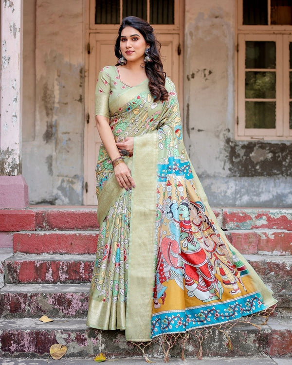 Pastel Green Tussar Silk Saree with Mythological Kalamkari Pallu and Zari Border DIGITAL PRINT