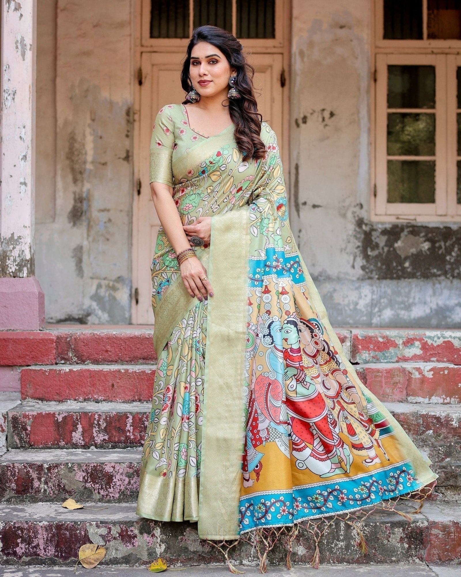 Pastel Green Tussar Silk Saree with Mythological Kalamkari Pallu and Zari Border DIGITAL PRINT