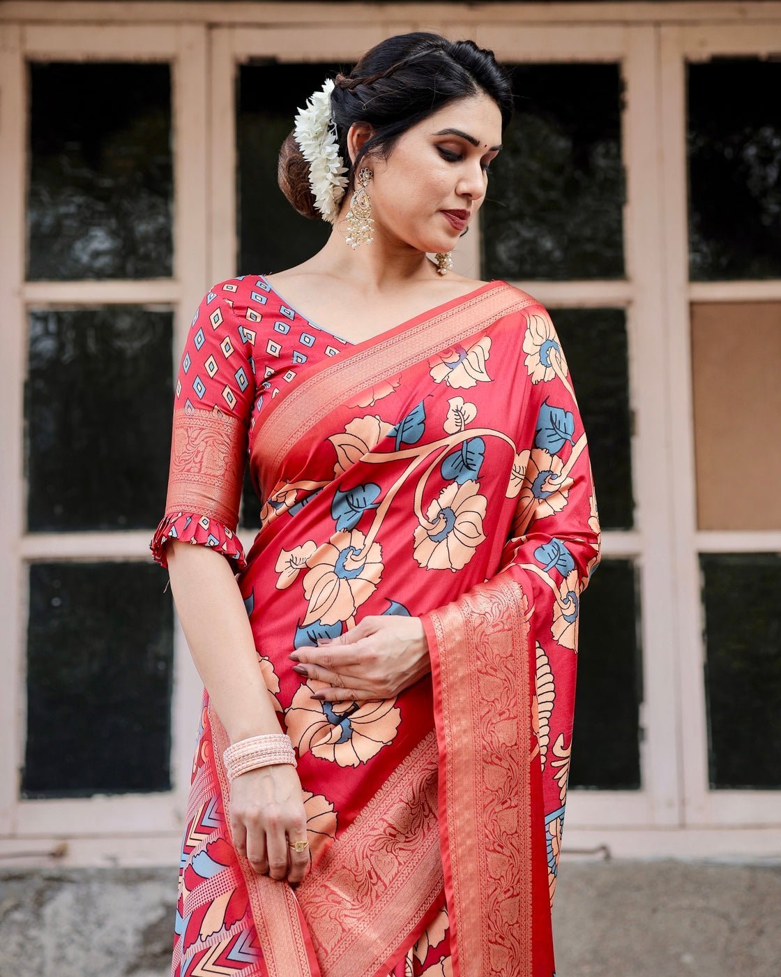 Vibrant Red Tussar Silk Saree with Bold Floral Motifs and Chevron Patterned Pallu DIGITAL PRINT