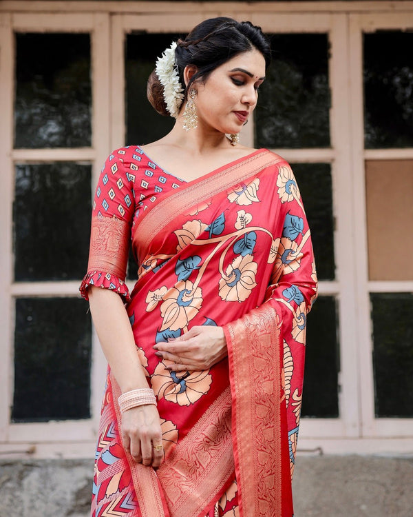 Vibrant Red Tussar Silk Saree with Bold Floral Motifs and Chevron Patterned Pallu DIGITAL PRINT