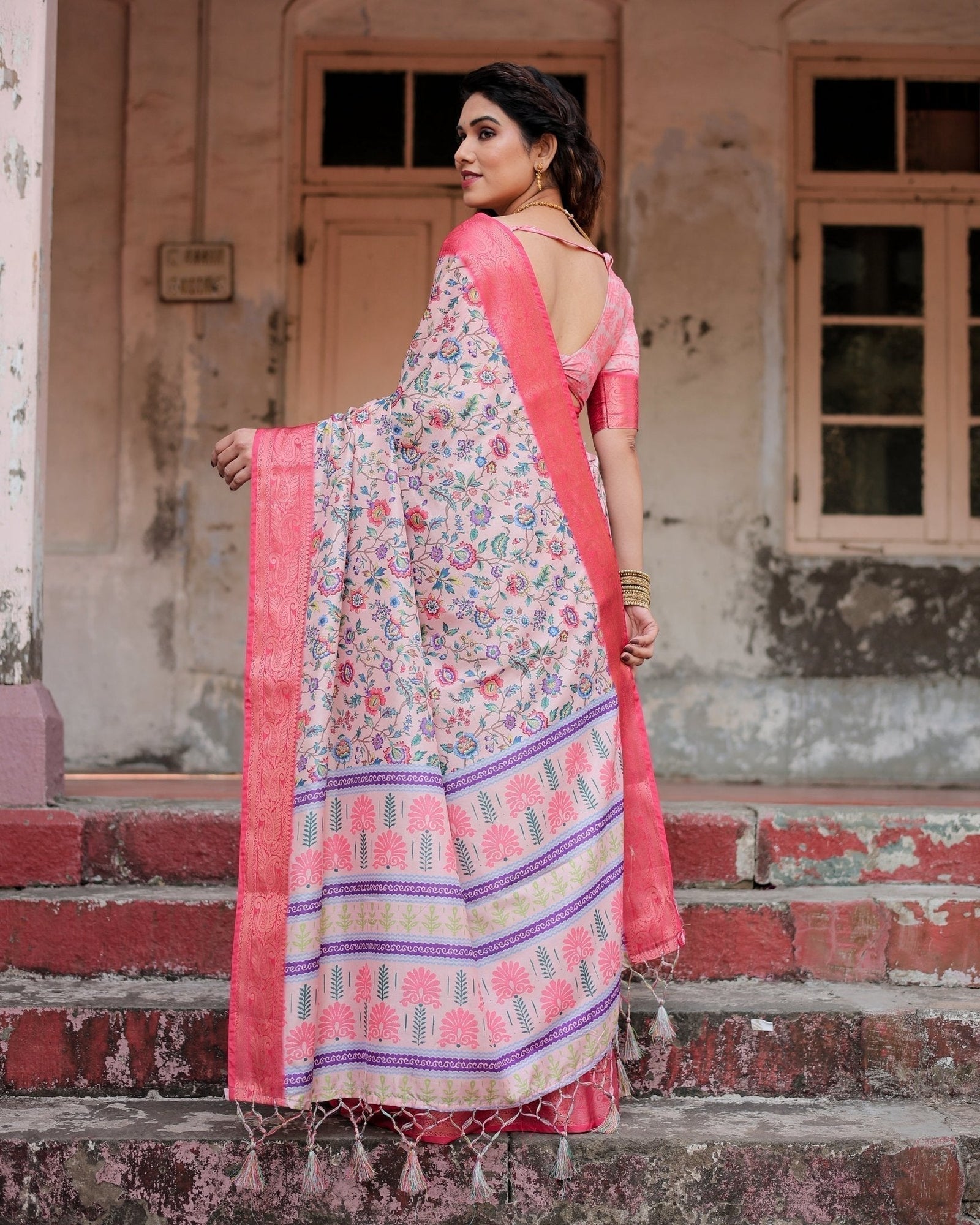 Blush Pink Tussar Silk Saree with Multicolor Floral Design and Zari Paisley Border DIGITAL PRINT