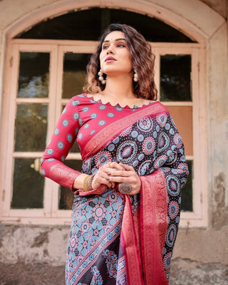 Black and Coral Tussar Silk Saree with Intricate Circular Motifs and Ornamental Pallu DIGITAL PRINT