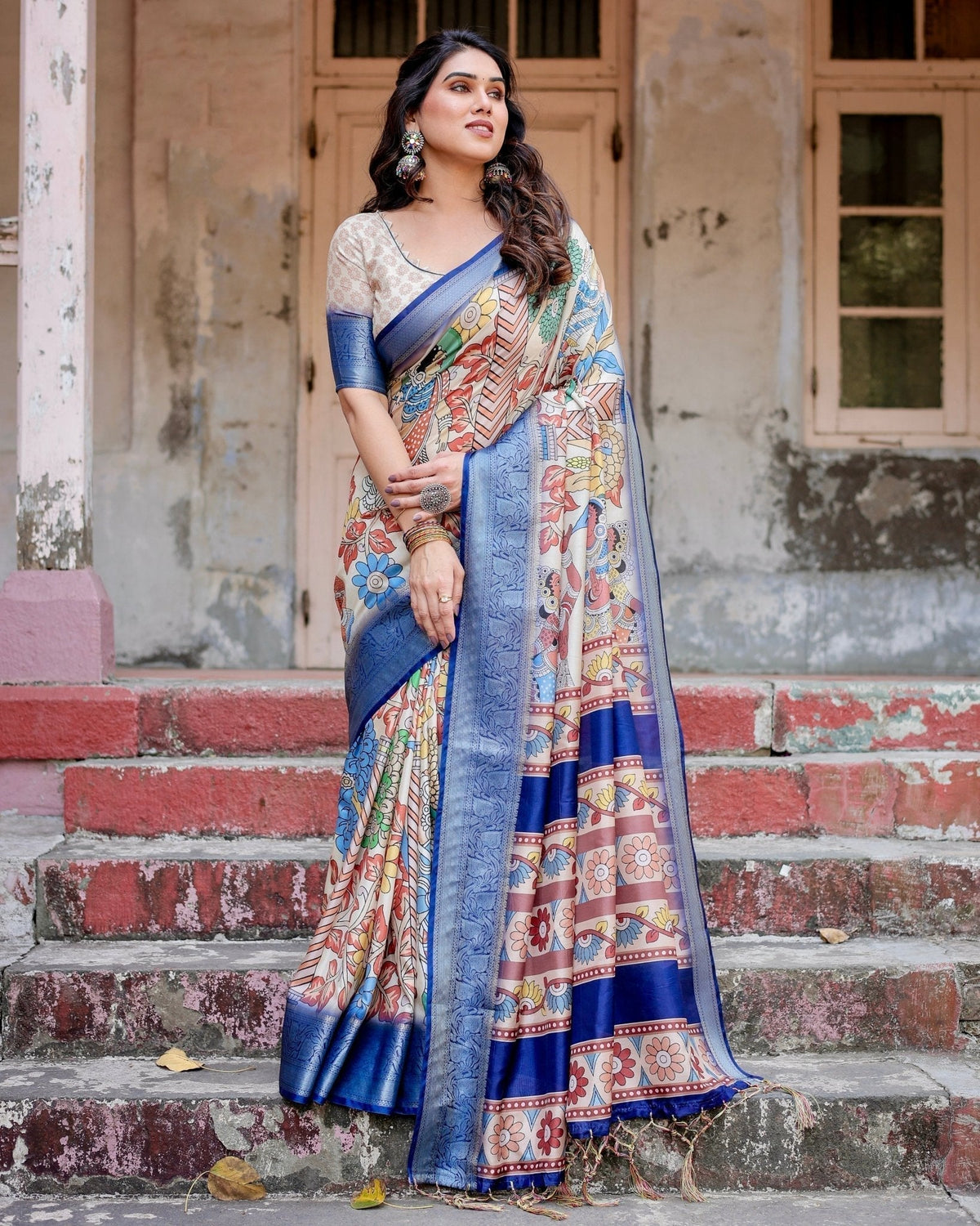 Multicolor Tussar Silk Saree with Artistic Floral Motifs and Traditional Blue Zari Border DIGITAL PRINT Main image
