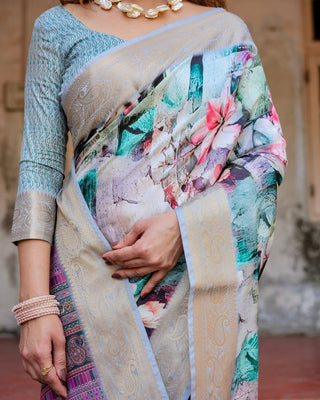 Graceful Floral Digital Print Saree with Gold Paisley Border and Multicolor Pallu DIGITAL PRINT