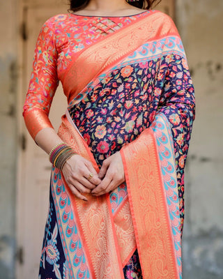 Navy Blue and Peach Tussar Silk Saree with Peacock Motifs and Floral Zari Border DIGITAL PRINT