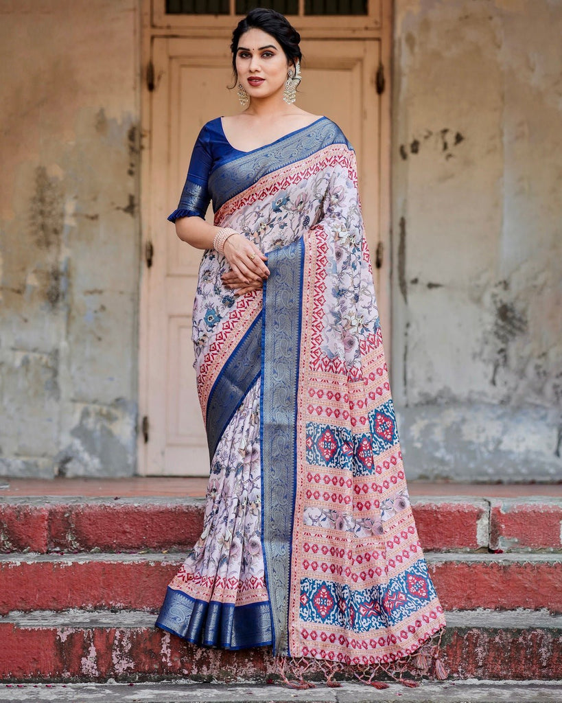 Ivory and Navy Blue Tussar Silk Saree with Floral Elegance and Ornamental Zari Work DIGITAL PRINT
