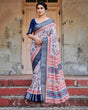 Load image into Gallery viewer, Ivory and Navy Blue Tussar Silk Saree with Floral Elegance and Ornamental Zari Work DIGITAL PRINT