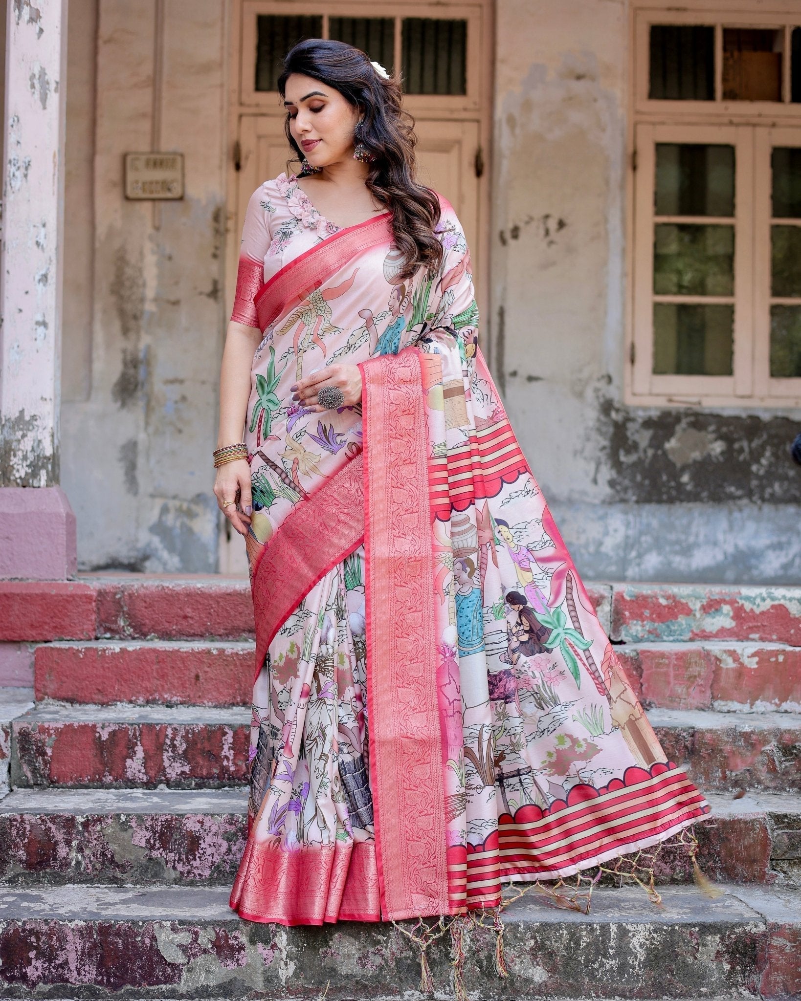Blush Pink Digital Print Tussar Silk Saree with Vibrant Storyline Art Secondary image
