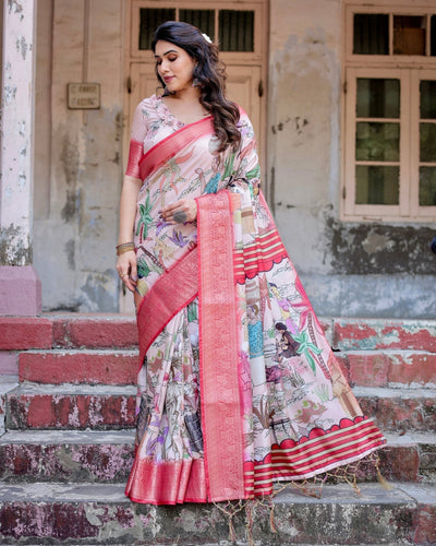 Blush Pink Digital Print Tussar Silk Saree with Vibrant Storyline Art DIGITAL PRINT