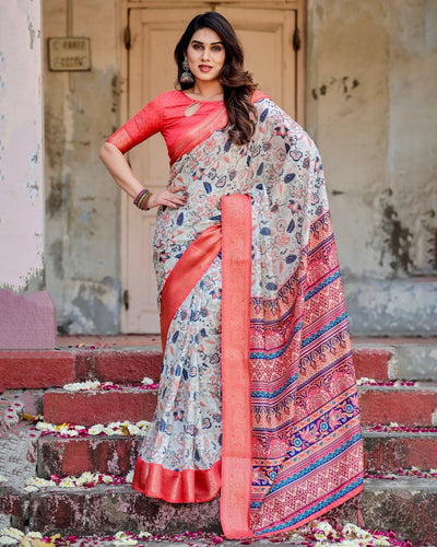Ivory Tussar Silk Saree with Coral Zari Border and Intricate Floral Motifs DIGITAL PRINT