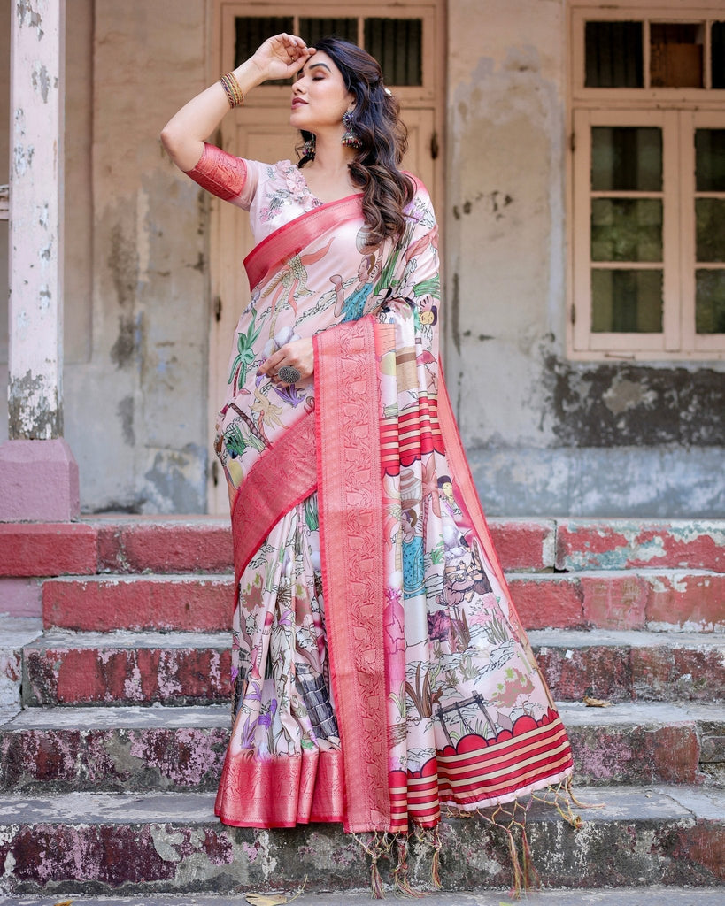 Blush Pink Digital Print Tussar Silk Saree with Vibrant Storyline Art DIGITAL PRINT