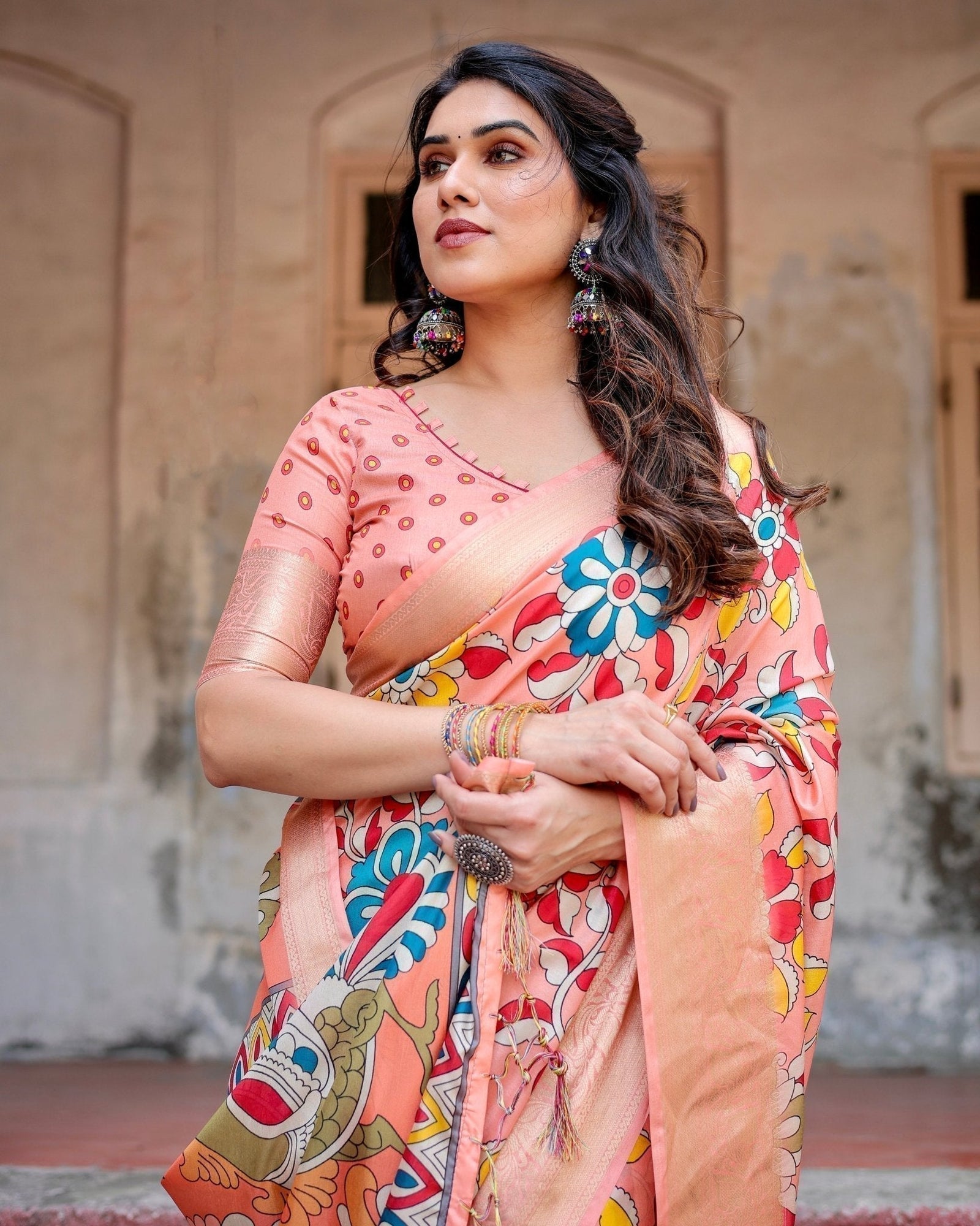 Peach Tussar Silk Saree with Vibrant Floral Kalamkari and Zari Highlights DIGITAL PRINT