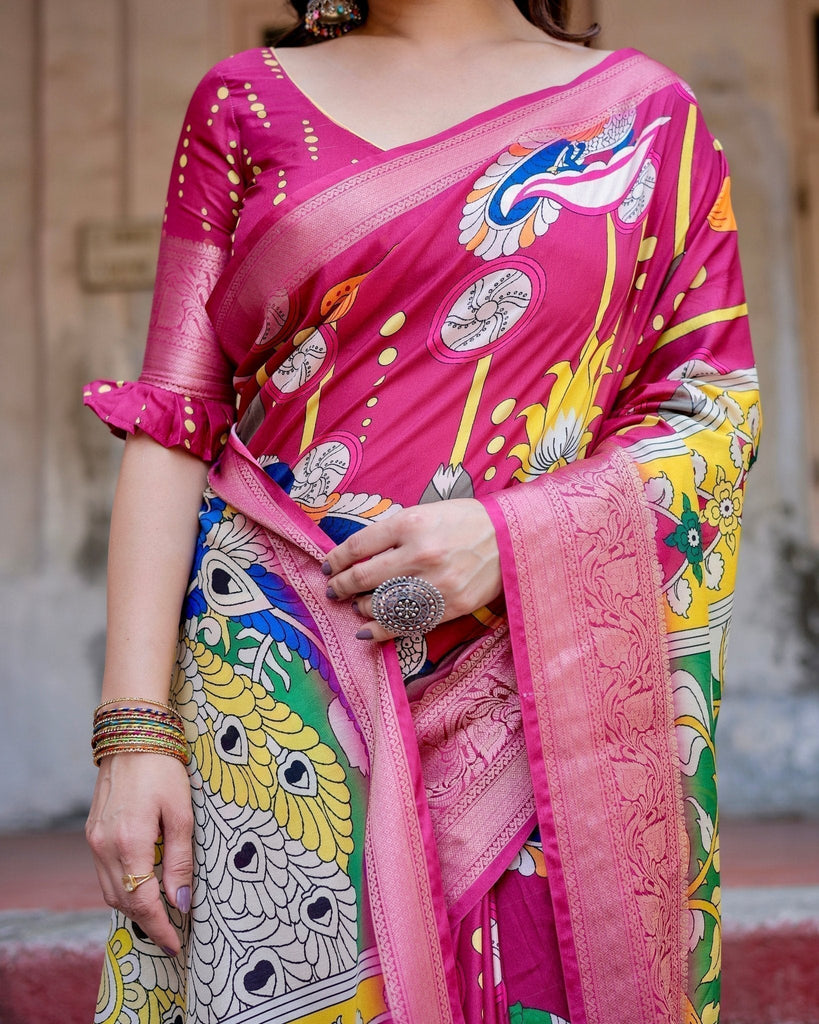 Magenta Tussar Silk Saree with Artistic Peacock & Floral Kalamkari Design DIGITAL PRINT