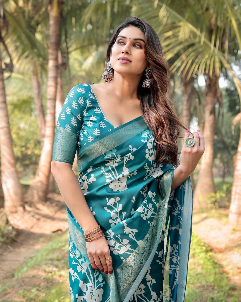 Teal Blue Tussar Silk Saree with White Floral Design, Gold Zari Border & Tassel Pallu DIGITAL PRINT