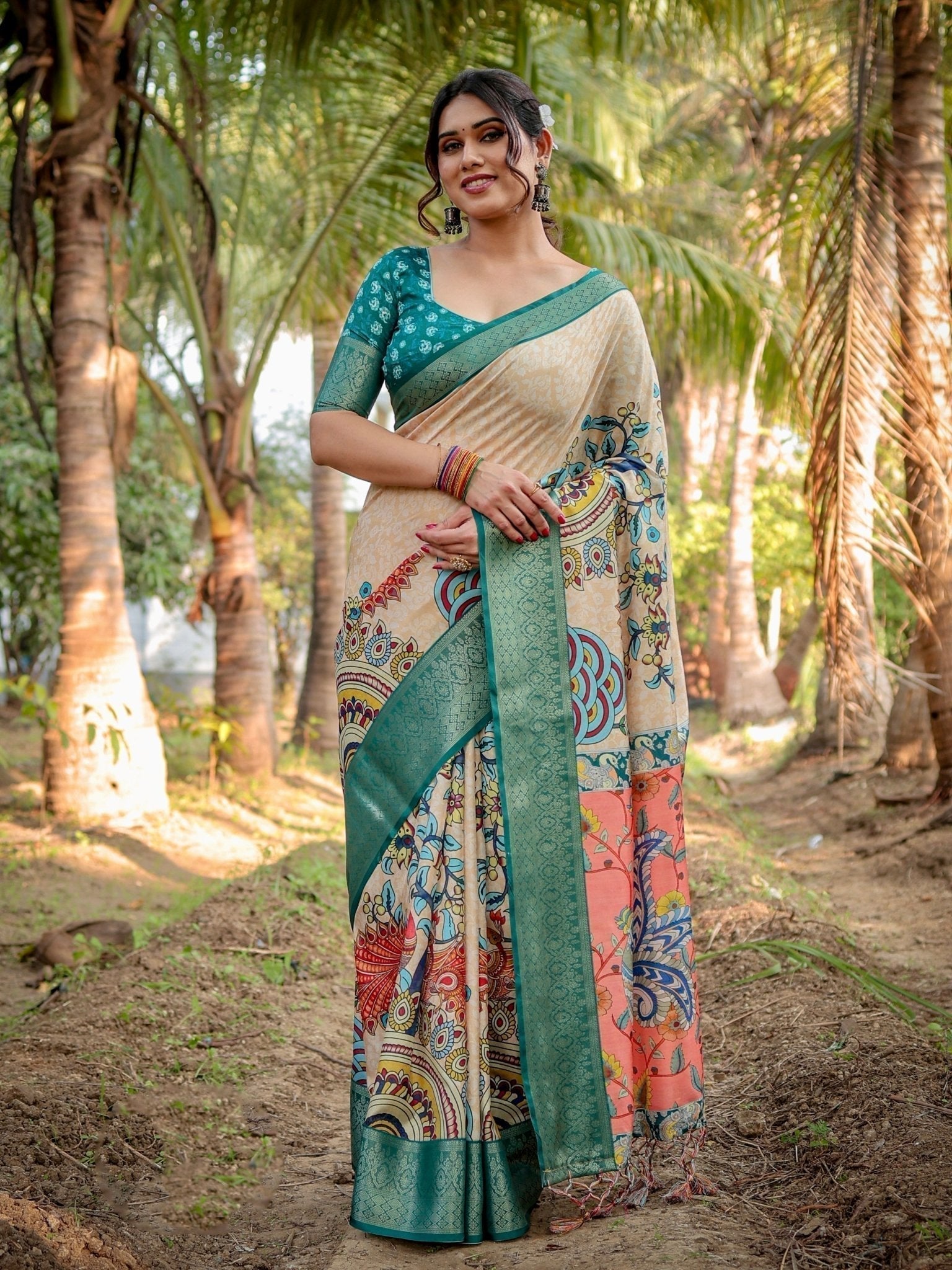 Elegant Tussar Silk Saree in Beige and Coral with Madhubani Pallu and Zari Accents DIGITAL PRINT Main image
