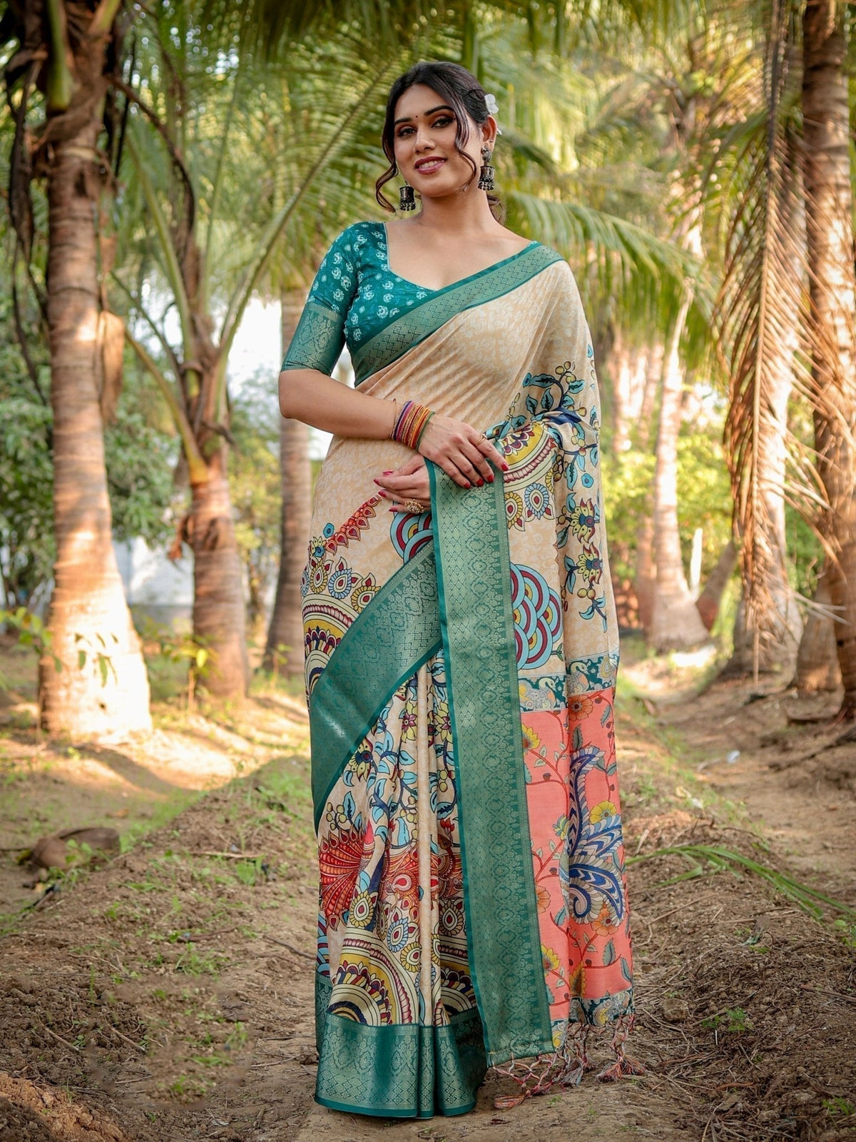Elegant Tussar Silk Saree in Beige and Coral with Madhubani Pallu and Zari Accents DIGITAL PRINT Main image