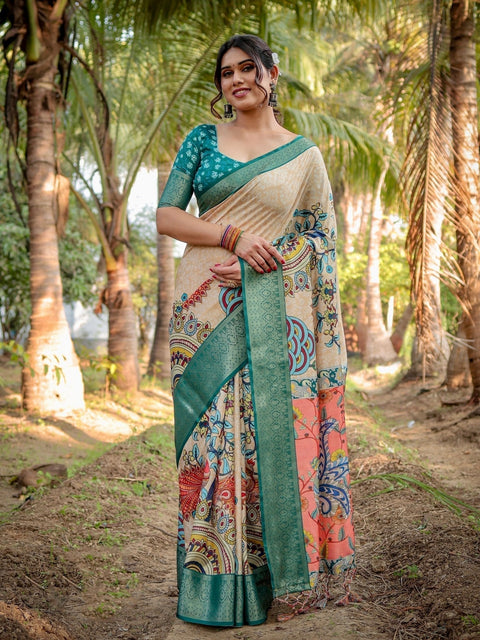 Elegant Tussar Silk Saree in Beige and Coral with Madhubani Pallu and Zari Accents DIGITAL PRINT Main image