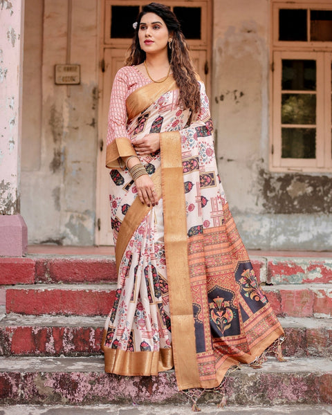 Ivory Tussar Silk Saree with Artistic Floral Motifs and Gleaming Golden Zari Border DIGITAL PRINT Main image
