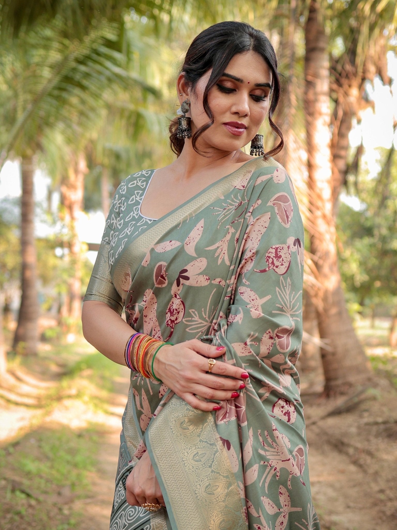 Graceful Olive Green Tussar Silk Saree with Intricate Beige and Maroon Botanical Print and Zari Border DIGITAL PRINT