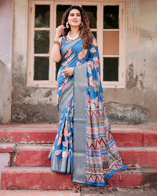 Sky Blue Tussar Silk Saree with Bold Floral Motifs and Chevron Pallu Design DIGITAL PRINT