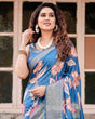 Load image into Gallery viewer, Sky Blue Tussar Silk Saree with Bold Floral Motifs and Chevron Pallu Design DIGITAL PRINT