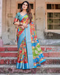 Load image into Gallery viewer, Multicolor Folk Art Inspired Digital Print Tussar Silk Saree with Sky Blue Zari Border DIGITAL PRINT