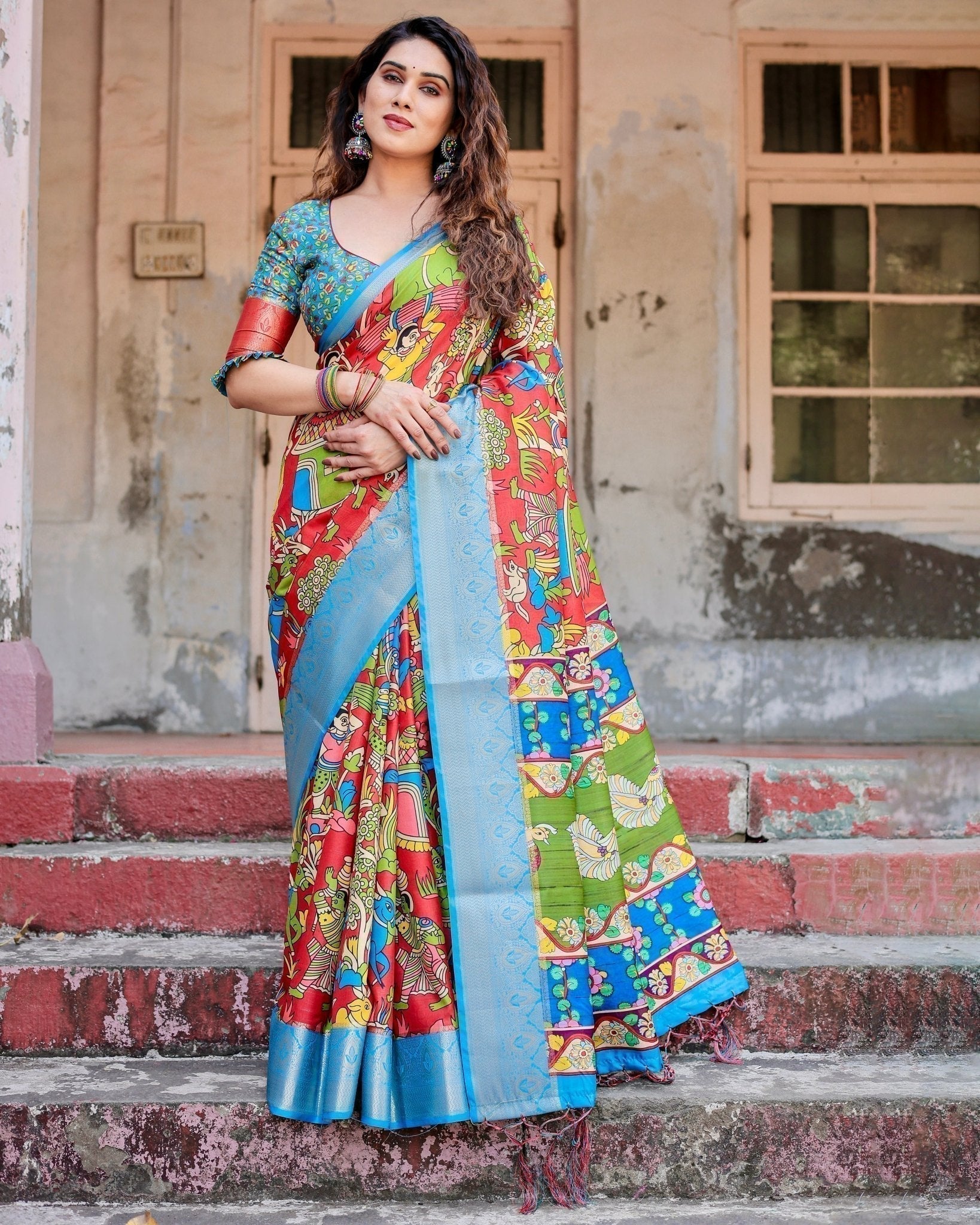Multicolor Folk Art Inspired Digital Print Tussar Silk Saree with Sky Blue Zari Border DIGITAL PRINT