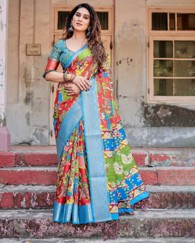 Multicolor Folk Art Inspired Digital Print Tussar Silk Saree with Sky Blue Zari Border DIGITAL PRINT