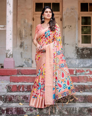 Peach Tussar Silk Saree with Vibrant Floral Kalamkari and Zari Highlights DIGITAL PRINT