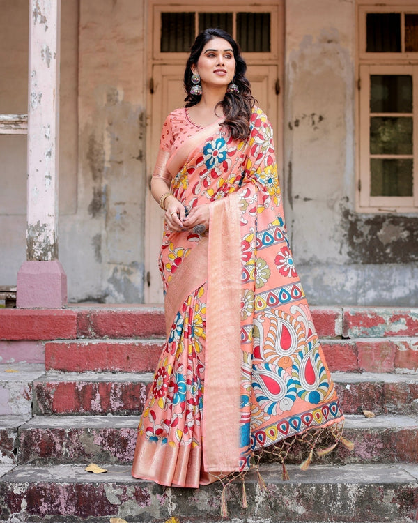 Peach Tussar Silk Saree with Vibrant Floral Kalamkari and Zari Highlights DIGITAL PRINT