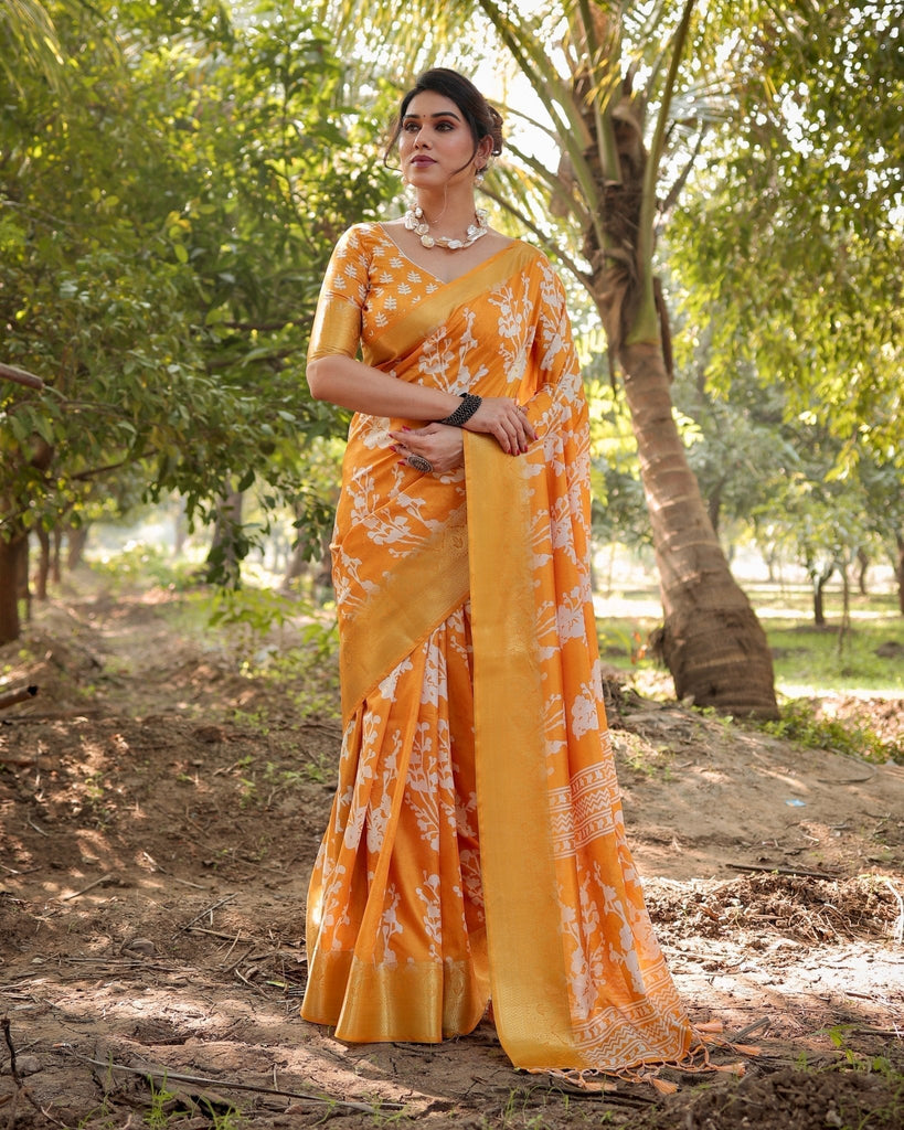 Sunshine Yellow Tussar Silk Saree with White Floral Motifs, Lustrous Zari Border, and Graceful Tassel Pallu DIGITAL PRINT