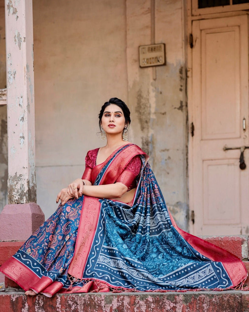 Teal Blue and Coral Tussar Silk Saree with Floral Weaves and Geometric Pallu DIGITAL PRINT