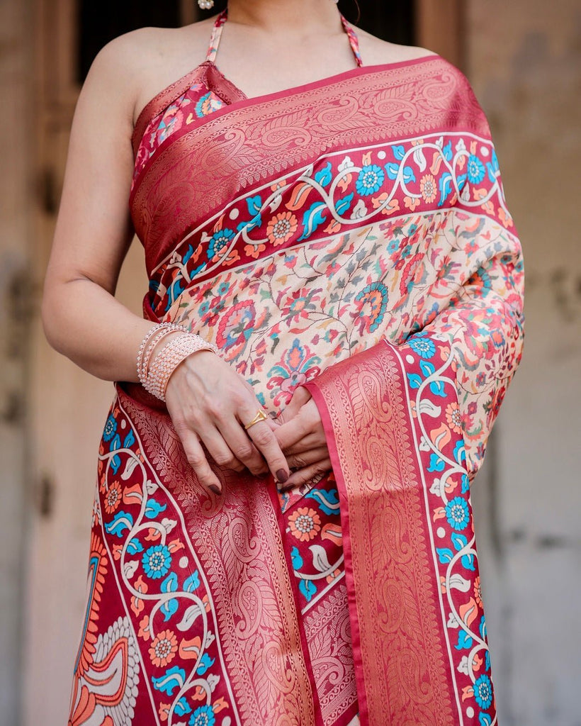 Beige and Coral Tussar Silk Saree with Intricate Floral Prints and Artistic Pallu DIGITAL PRINT