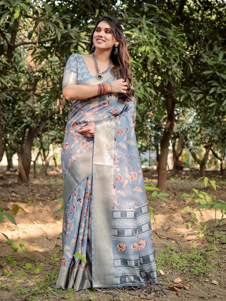 Stylish Sky Blue Tussar Silk Saree with Beige and Gold Zari Work and Contemporary Pallu Design DIGITAL PRINT