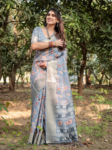 Stylish Sky Blue Tussar Silk Saree with Beige and Gold Zari Work and Contemporary Pallu Design DIGITAL PRINT