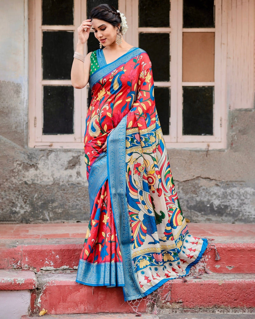 Multicolor Tussar Silk Saree with Vibrant Peacock and Floral Motifs DIGITAL PRINT