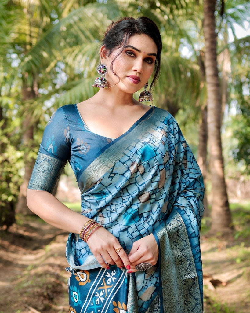 Mesmerizing Blue Tussar Silk Saree with Golden Zari Border and Mosaic-Inspired Pallu Design DIGITAL PRINT