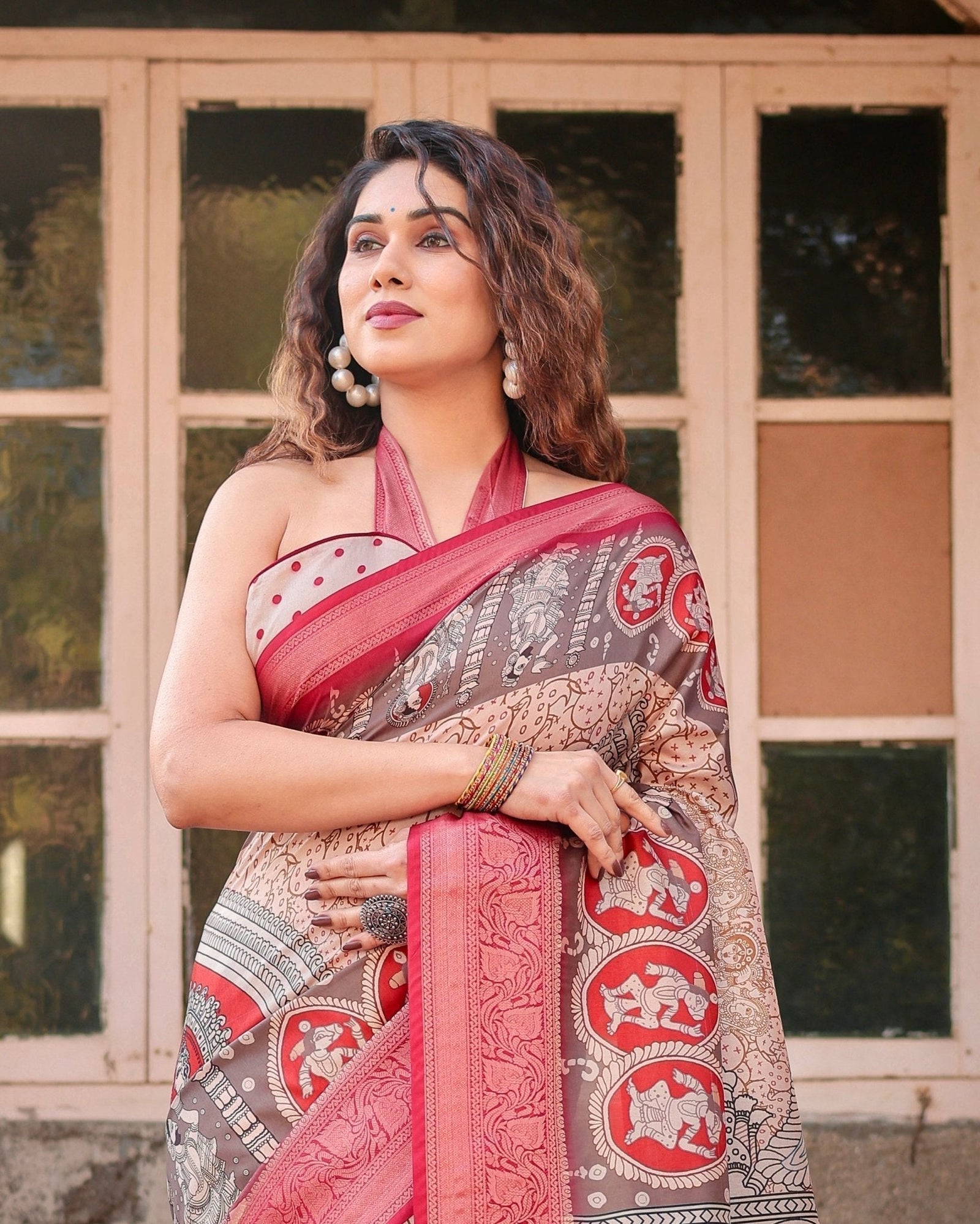 Beige and Red Tussar Silk Saree with Traditional Motifs and Ornamental Zari Border DIGITAL PRINT