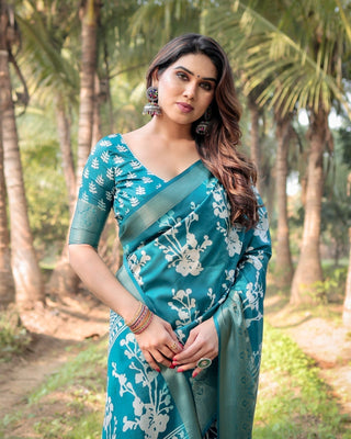 Teal Blue Tussar Silk Saree with White Floral Design, Gold Zari Border & Tassel Pallu DIGITAL PRINT
