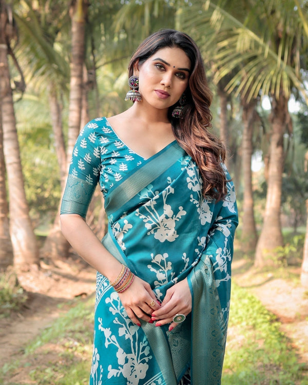 Teal Blue Tussar Silk Saree with White Floral Design, Gold Zari Border & Tassel Pallu DIGITAL PRINT
