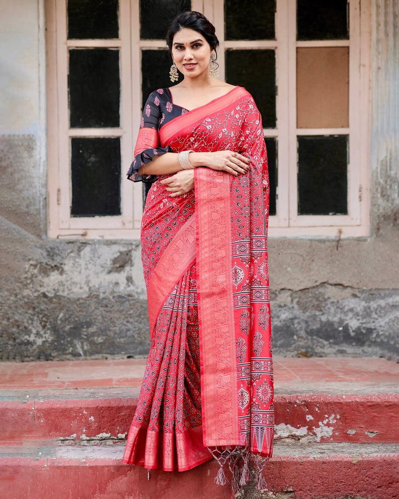 Fiery Red Tussar Silk Saree with Ornamental Motifs and Detailed Zari Pallu DIGITAL PRINT